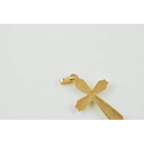 309 - 9ct gold cross pendant, 0.7 grams, untested but tests a 9ct, 32mm long.