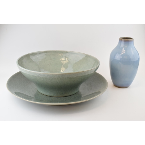 50 - A Buller vase in blue glaze (height 27cm) together with a large crackle glaze bowl and plate. (diame... 