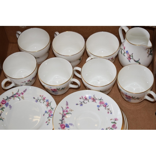 76 - Wedgwood part tea set in a floral design to include 7 cups, 8 saucers, 6 sides, a milk jug and a sug... 