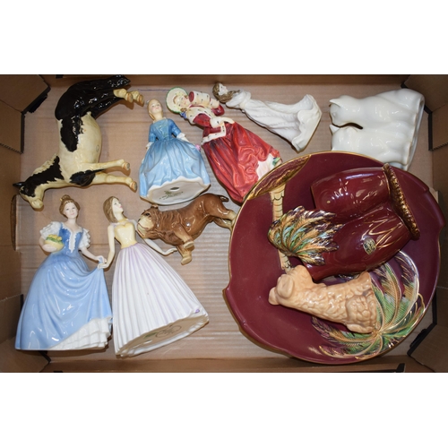 102 - Pottery to include Doulton figures (some seconds), a Beswick early piebald pinto pony (af), Carlton ... 