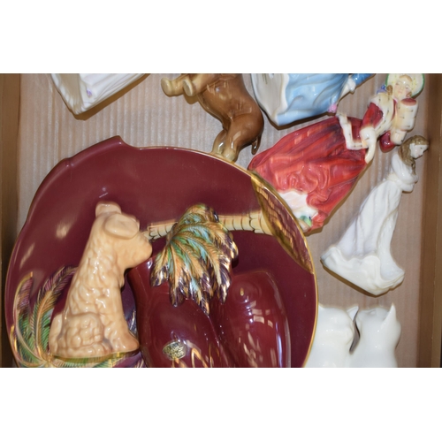 102 - Pottery to include Doulton figures (some seconds), a Beswick early piebald pinto pony (af), Carlton ... 