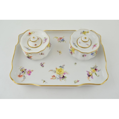 112 - Meissen pair of inkwells, sitting on ceramic tray, with floral sprays, blue crossed swords, 22cm wid... 