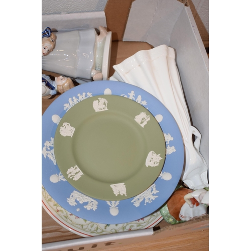 119 - Mixed pottery to include Wedgwood Jasperware, Nao style figure, a Wade Ringtons bowl and others (Qty... 