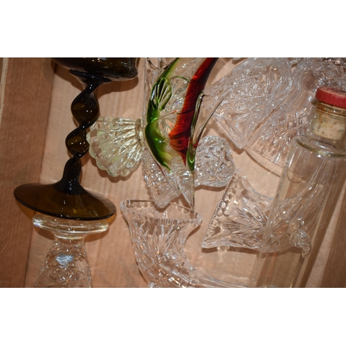 122 - Glassware to include a glassware large goblet, fish figures, cut and pressed glass with others (Qty)... 