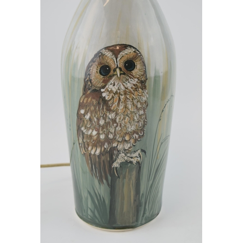 123 - A large Stuart Bass pottery lampbase, decorated with an owl amongst long grass, 41cm tall exc fittin... 