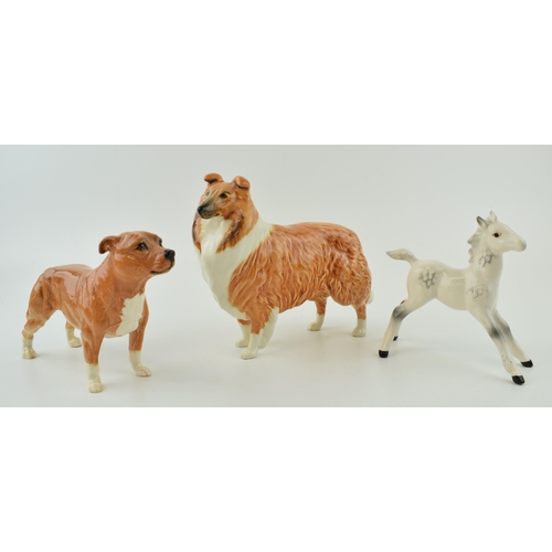 147 - Beswick to include a rough collie, a bulldog and a grey large outstretched foal (3).