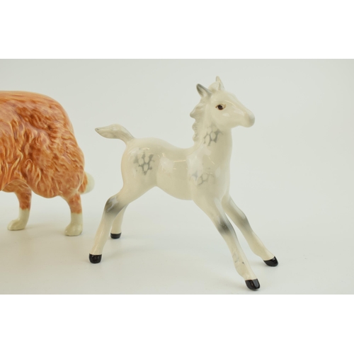 147 - Beswick to include a rough collie, a bulldog and a grey large outstretched foal (3).