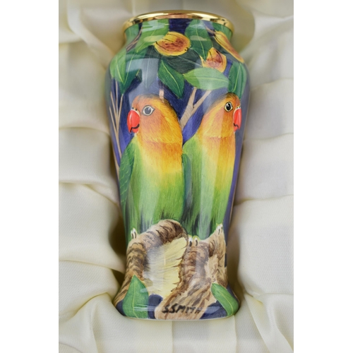 17 - Boxed Moorcroft Enamel vase in the Lovebird pattern, 56/100, by Stephen Smith, 9cm tall.