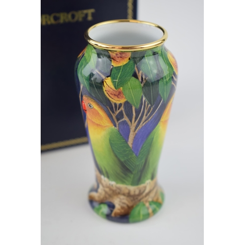 17 - Boxed Moorcroft Enamel vase in the Lovebird pattern, 56/100, by Stephen Smith, 9cm tall.