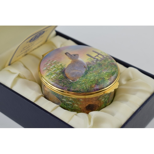 18 - Boxed Moorcroft Enamel trinket dish in the Rabbits pattern, 66/100, by Terry Halloran, 7.5cm diamete... 