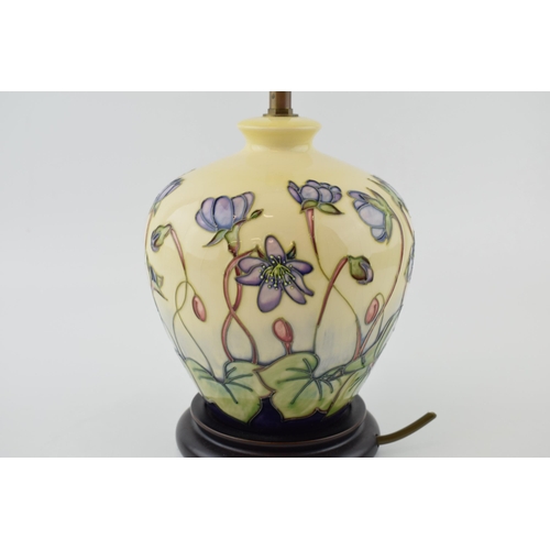 20 - Moorcroft bulbous lampbase in the Ashwood Hepatica design, 20cm tall exc brass fitting.