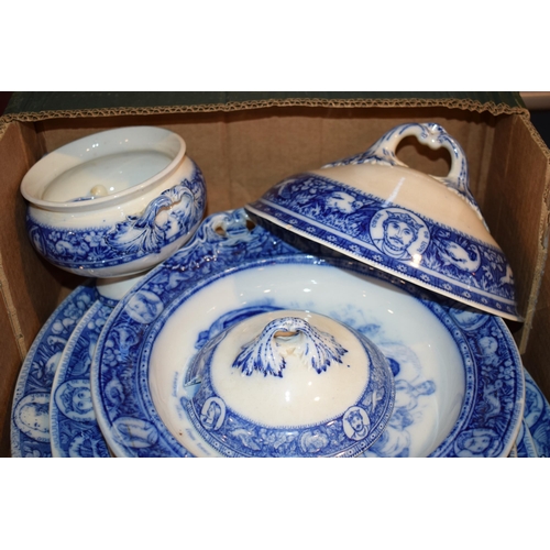 57 - A Wedgwood blue and white transfer-printed flow blue “Ivanhoe” part dinner service, c. 1870-80, to i... 