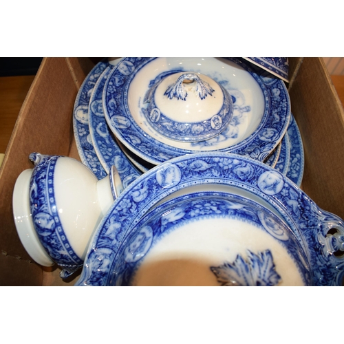 57 - A Wedgwood blue and white transfer-printed flow blue “Ivanhoe” part dinner service, c. 1870-80, to i... 