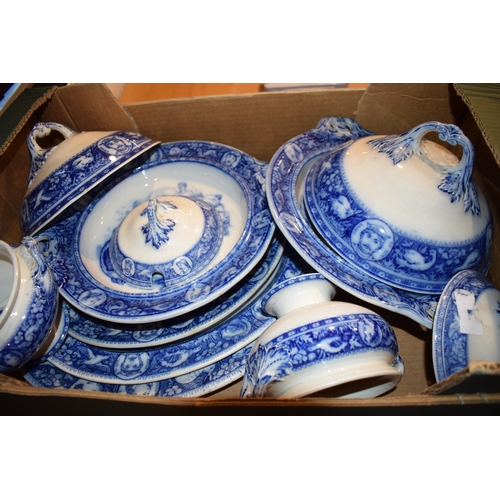 57 - A Wedgwood blue and white transfer-printed flow blue “Ivanhoe” part dinner service, c. 1870-80, to i... 