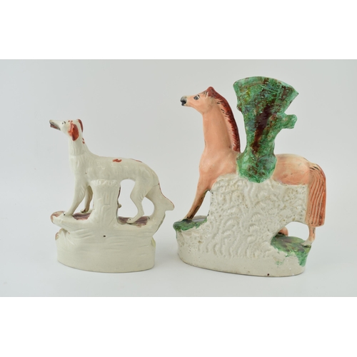 66 - A Victorian Staffordshire Setter and Deer Figure and a Horse spill vase, tallest 30cm tall (2).