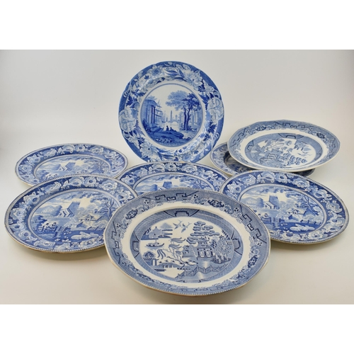 74 - A group of early 19th century blue and white transfer-printed dinner wares, to include five Village ... 