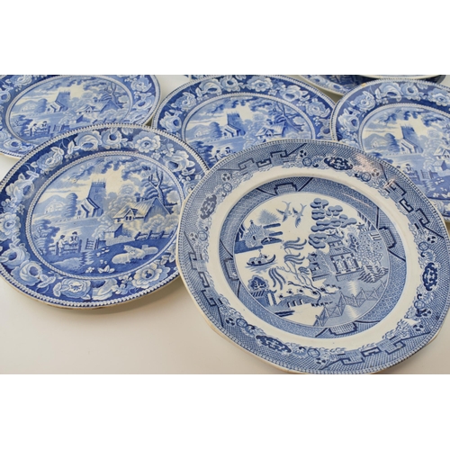 74 - A group of early 19th century blue and white transfer-printed dinner wares, to include five Village ... 