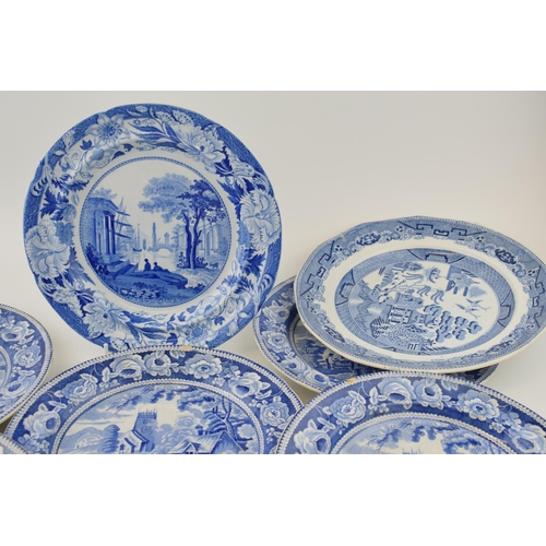 74 - A group of early 19th century blue and white transfer-printed dinner wares, to include five Village ... 