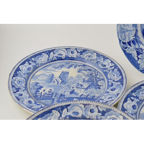 74 - A group of early 19th century blue and white transfer-printed dinner wares, to include five Village ... 