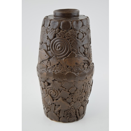 95 - A large and heavy studio pottery vase, in brown colourway, decorated with fish and swirling design, ... 