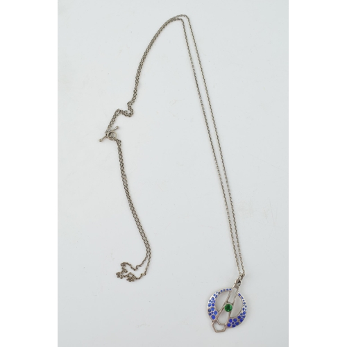 289 - Hallmarked silver enamelled pendant with central green paste stone with a white metal chain.