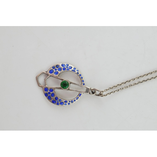 289 - Hallmarked silver enamelled pendant with central green paste stone with a white metal chain.