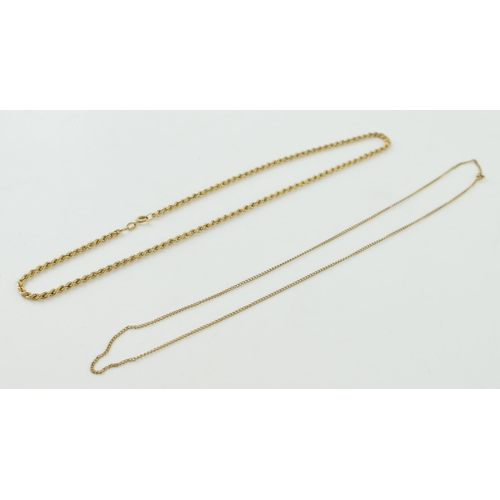 301 - A pair of 9ct gold chains to include a rope effect chain and a finer chain, combined 7.4 grams, long... 