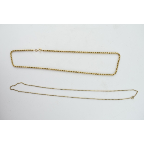 301 - A pair of 9ct gold chains to include a rope effect chain and a finer chain, combined 7.4 grams, long... 