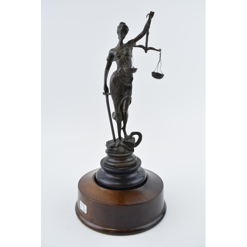 322 - A bronze metal figure of Justice, Paris maker, 'Bronze Garanti Paris' Height 23cm. On wooden plinth ... 