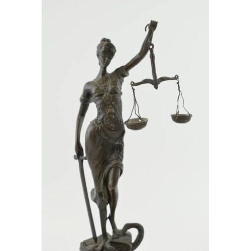 322 - A bronze metal figure of Justice, Paris maker, 'Bronze Garanti Paris' Height 23cm. On wooden plinth ... 