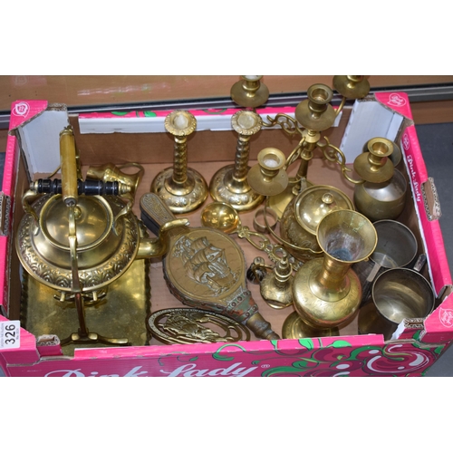 326 - Metalware to include a brass spirit kettle, candlesticks, a candelabra and others (Qty).