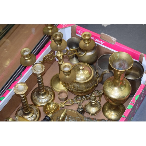 326 - Metalware to include a brass spirit kettle, candlesticks, a candelabra and others (Qty).