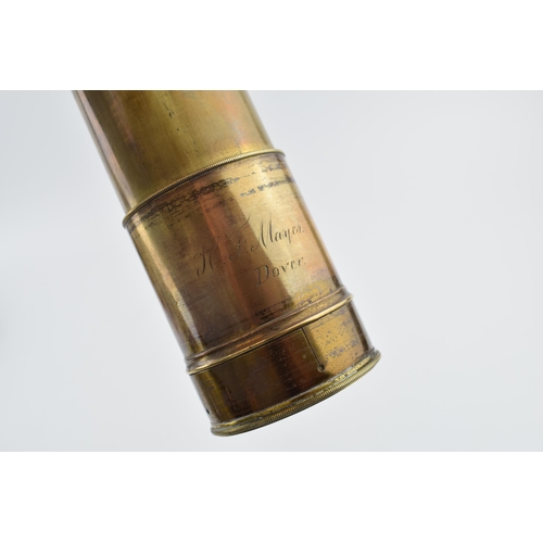 355 - An antique telescope, inscribed  'H.F. Mayes. Dover'. Original leather case and brass end cap. Lengt... 