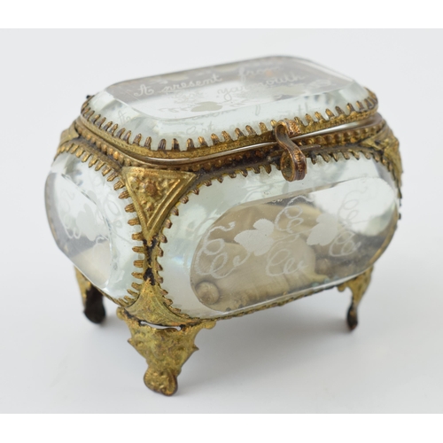 371 - A vintage Ormolu jewellery box. Heavy glass with brass frame. 'A Present From Great Yarmouth' inscri... 