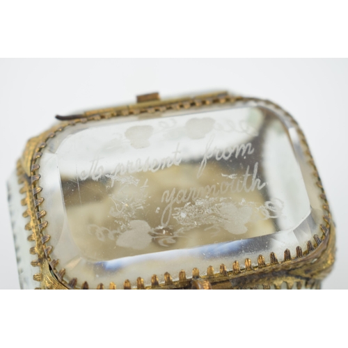 371 - A vintage Ormolu jewellery box. Heavy glass with brass frame. 'A Present From Great Yarmouth' inscri... 