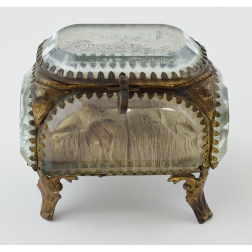 372 - A vintage Ormolu jewellery box. Heavy glass with brass frame. Blackpool scene' inscribed to lid. Hei... 