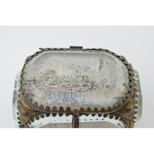 372 - A vintage Ormolu jewellery box. Heavy glass with brass frame. Blackpool scene' inscribed to lid. Hei... 