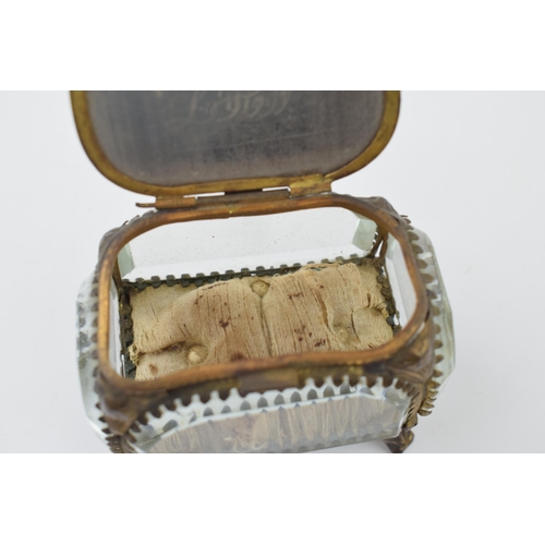 372 - A vintage Ormolu jewellery box. Heavy glass with brass frame. Blackpool scene' inscribed to lid. Hei... 