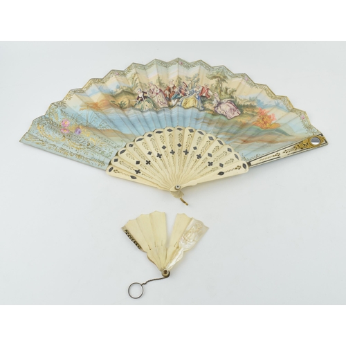 374 - An antique bone fan work with inset mirror to top right, together with another miniature bone fan wi... 