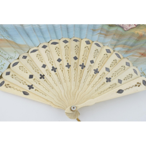 374 - An antique bone fan work with inset mirror to top right, together with another miniature bone fan wi... 