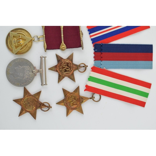 395 - A collection of WWII medals (5) in original paper sleeves together with a silver Masonic medal and a... 