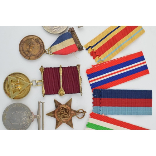 395 - A collection of WWII medals (5) in original paper sleeves together with a silver Masonic medal and a... 