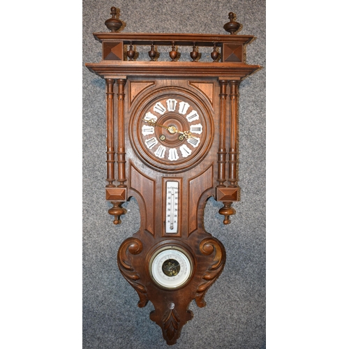 417 - Vienna style clock with integrated barometer and thermometer. Height 89cm.