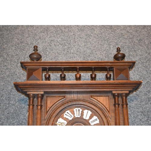 417 - Vienna style clock with integrated barometer and thermometer. Height 89cm.