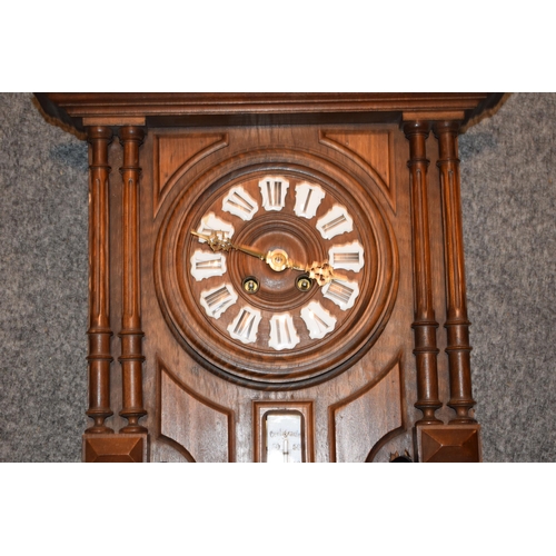 417 - Vienna style clock with integrated barometer and thermometer. Height 89cm.