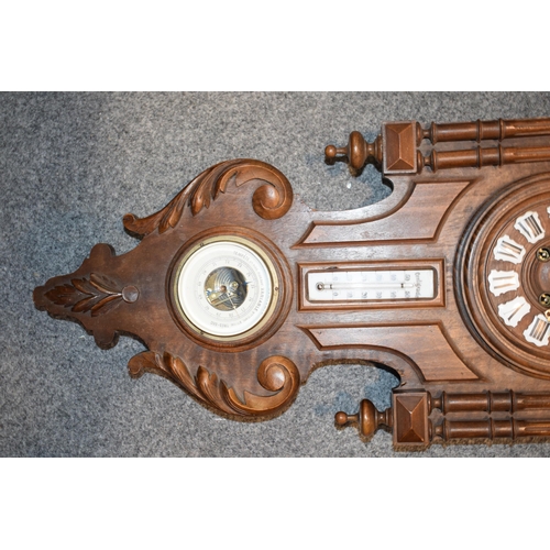 417 - Vienna style clock with integrated barometer and thermometer. Height 89cm.