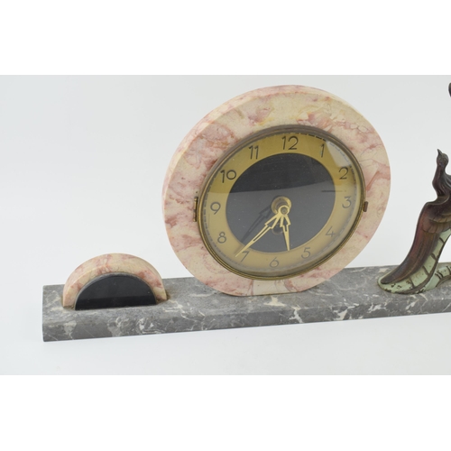 420 - French Art Deco mantle clock, flanked by a large peacock, 50cm long.