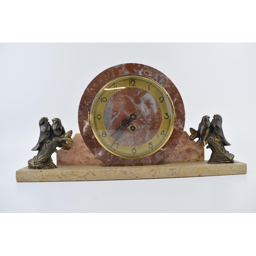 421 - French Art Deco mantle clock, flanked by lovebirds, 43cm long.