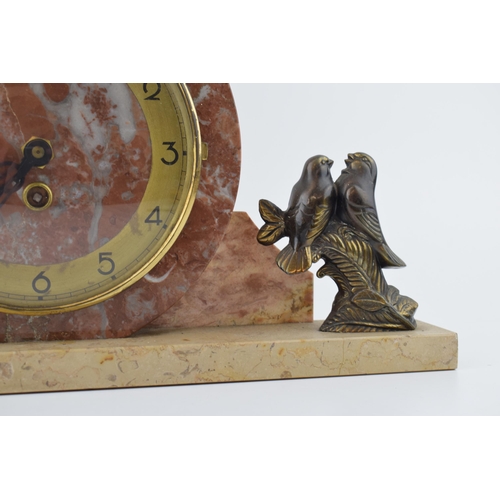 421 - French Art Deco mantle clock, flanked by lovebirds, 43cm long.