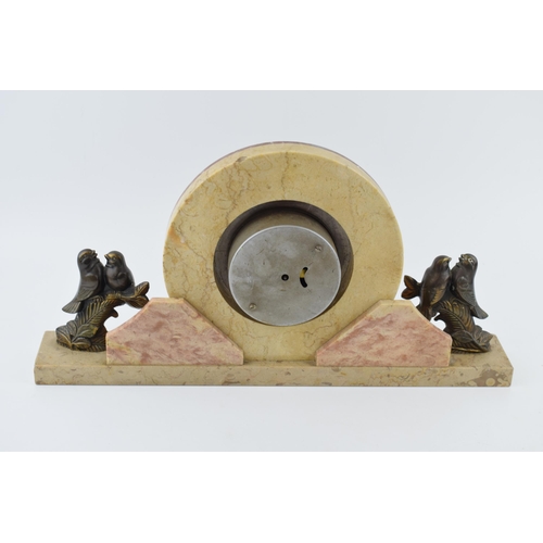 421 - French Art Deco mantle clock, flanked by lovebirds, 43cm long.